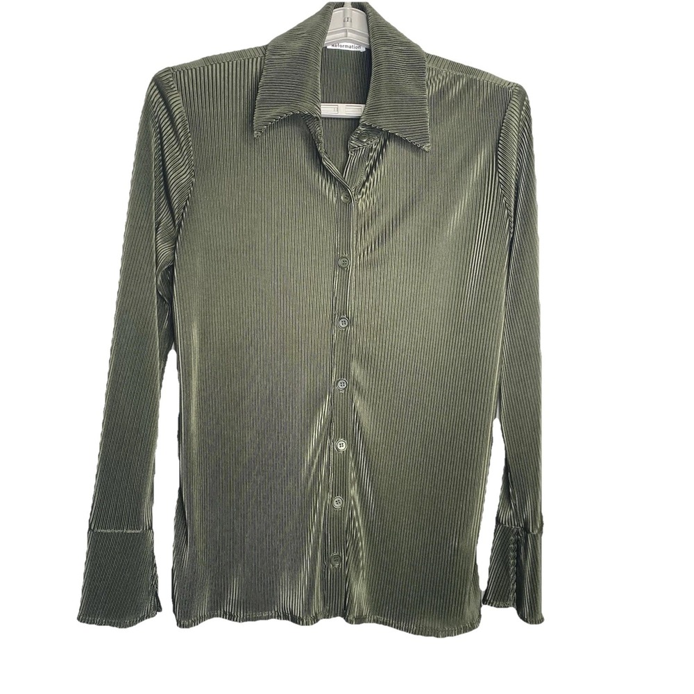 Reformation Olive Green Plisse Pleated Button Down Blouse Long Sleeve Medium